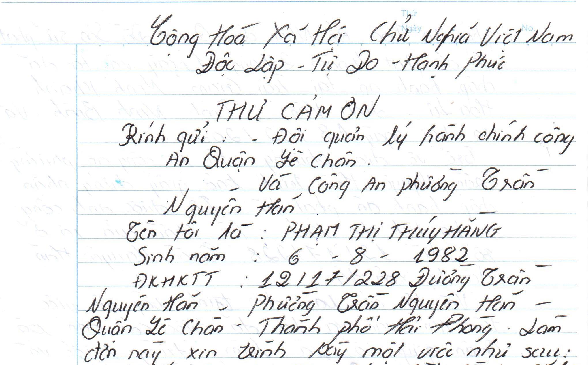 Người dân gửi thư cảm ơn CBCS Đội Cảnh sát QLHC về TTXH Công an quận Lê Chân